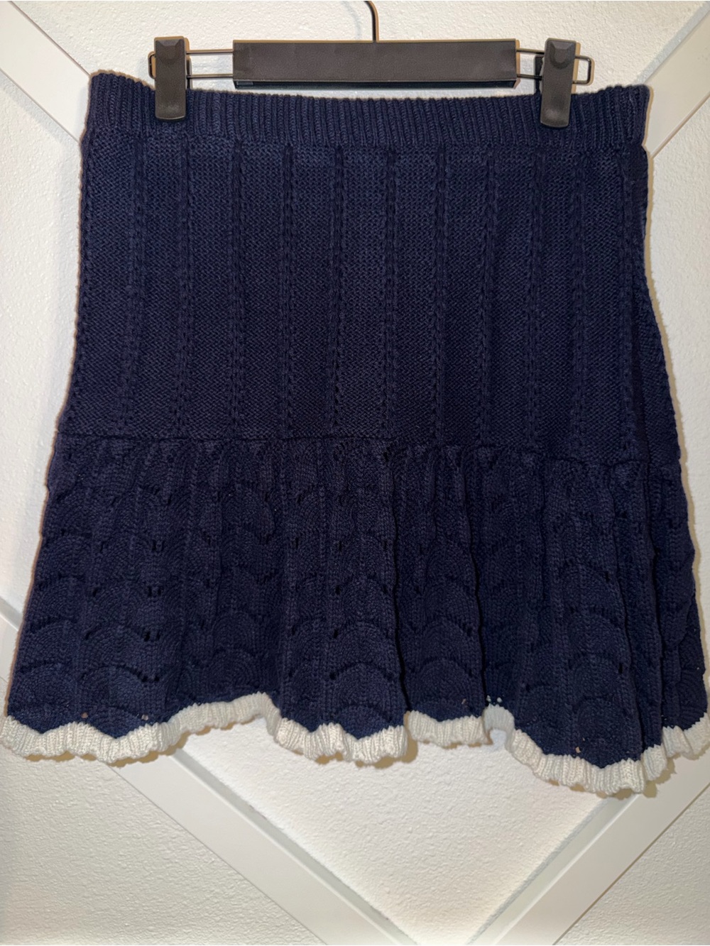 Freshman 1996 navy knit skater skirt with cream ruffle hem